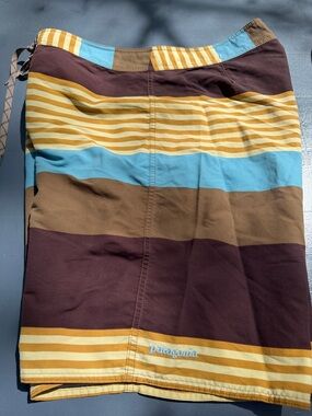 Patagonia Striped Swim Trunks in Yellow, Brown & Blue